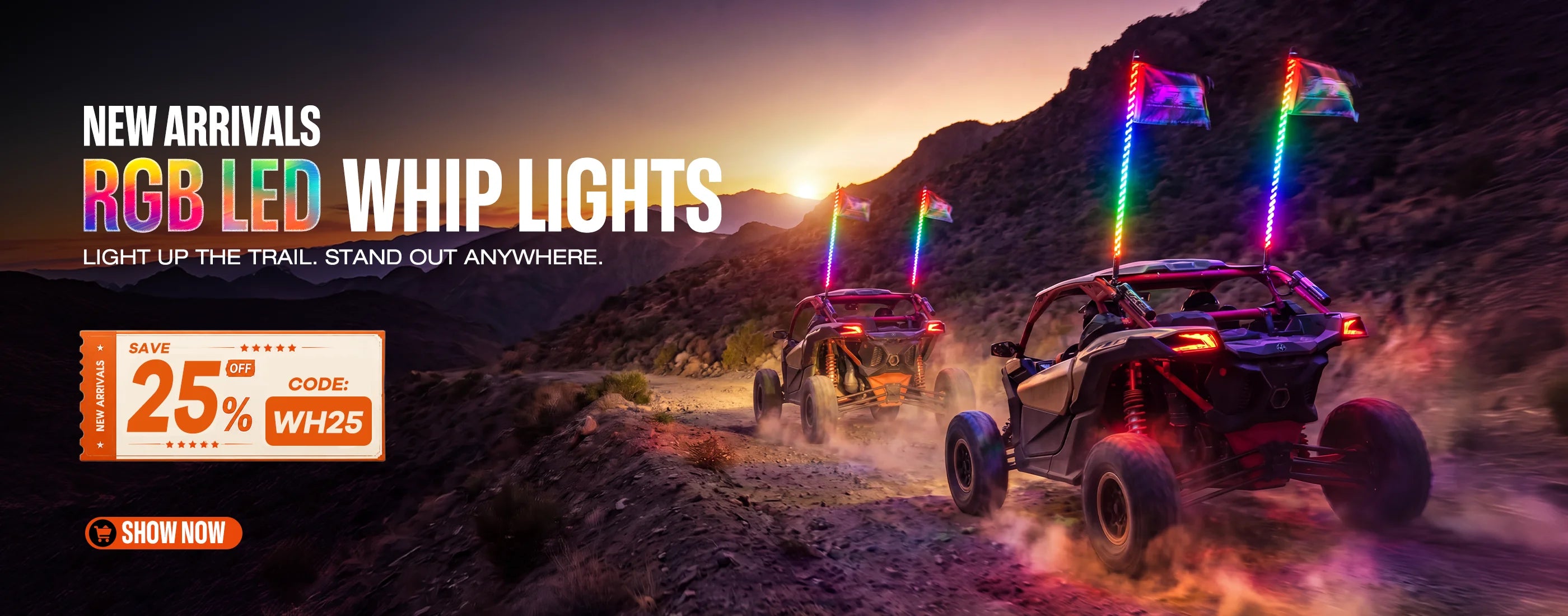 New arrivals promotional desktop banner for 3ft RGB LED whip lights. Two UTVs driving on a desert dirt trail at sunset with colorful illuminated whip lights. Text reads: Light up the trail, stand out anywhere. Save 25% off with code WH25.