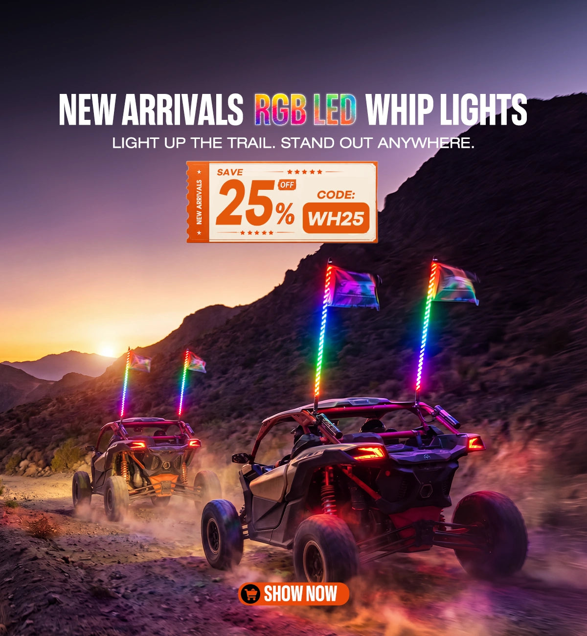 Mobile event poster for 3ft RGB LED UTV whip lights. Features off-road side-by-sides racing in a desert landscape at dusk with glowing whip lights. Includes a 25% off special discount code WH25