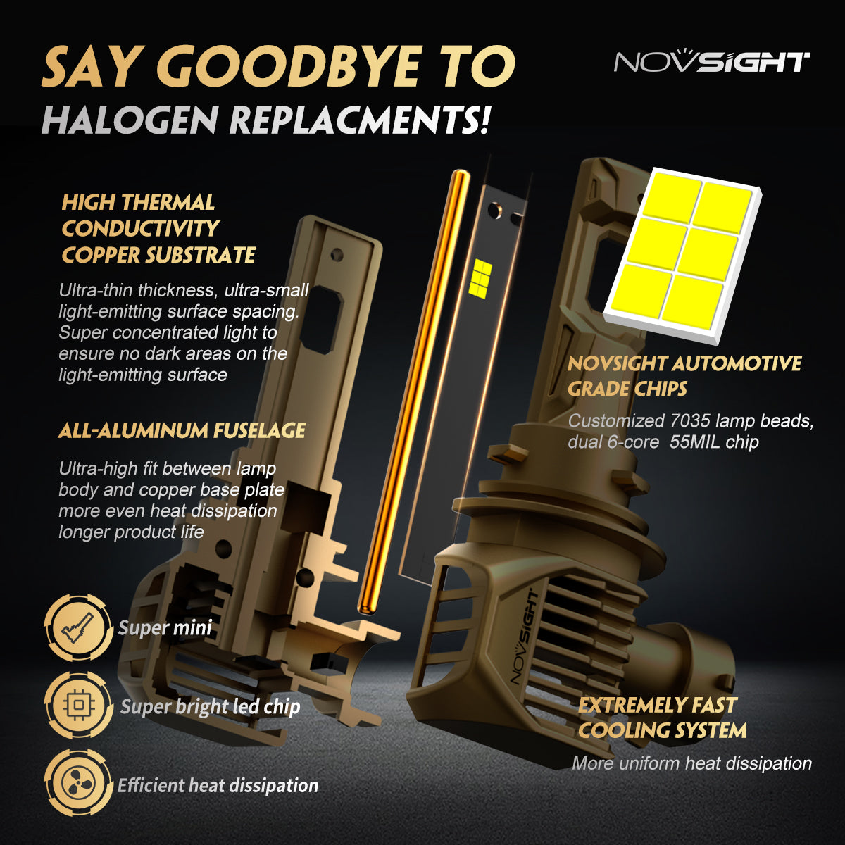 N62Y | H11 H8 H9 Yellow LED Headlight Bulbs 22000Lumen 100W 3000K Yellow | 2 Bulbs - NOVSIGHT
