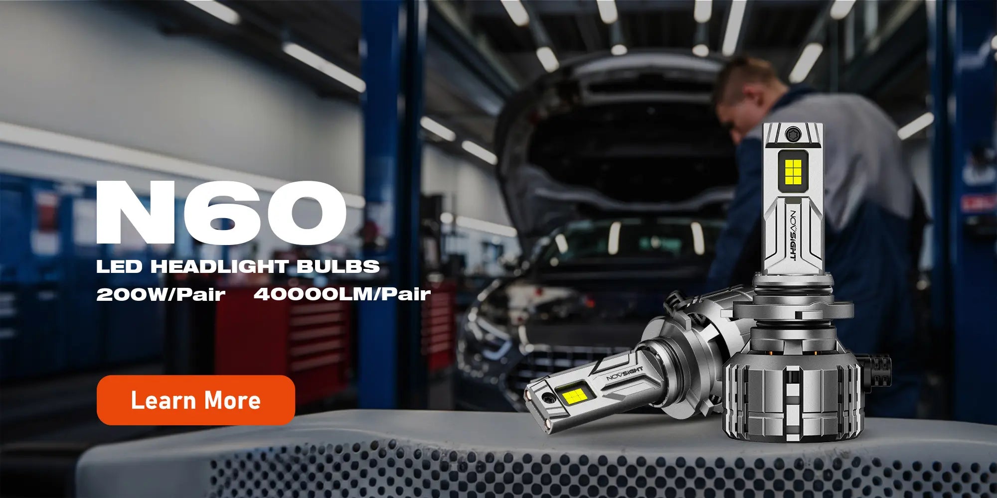 LED headlight bulbs with a car in a garage and a person working on it, featuring the brand NOVSIGHT.