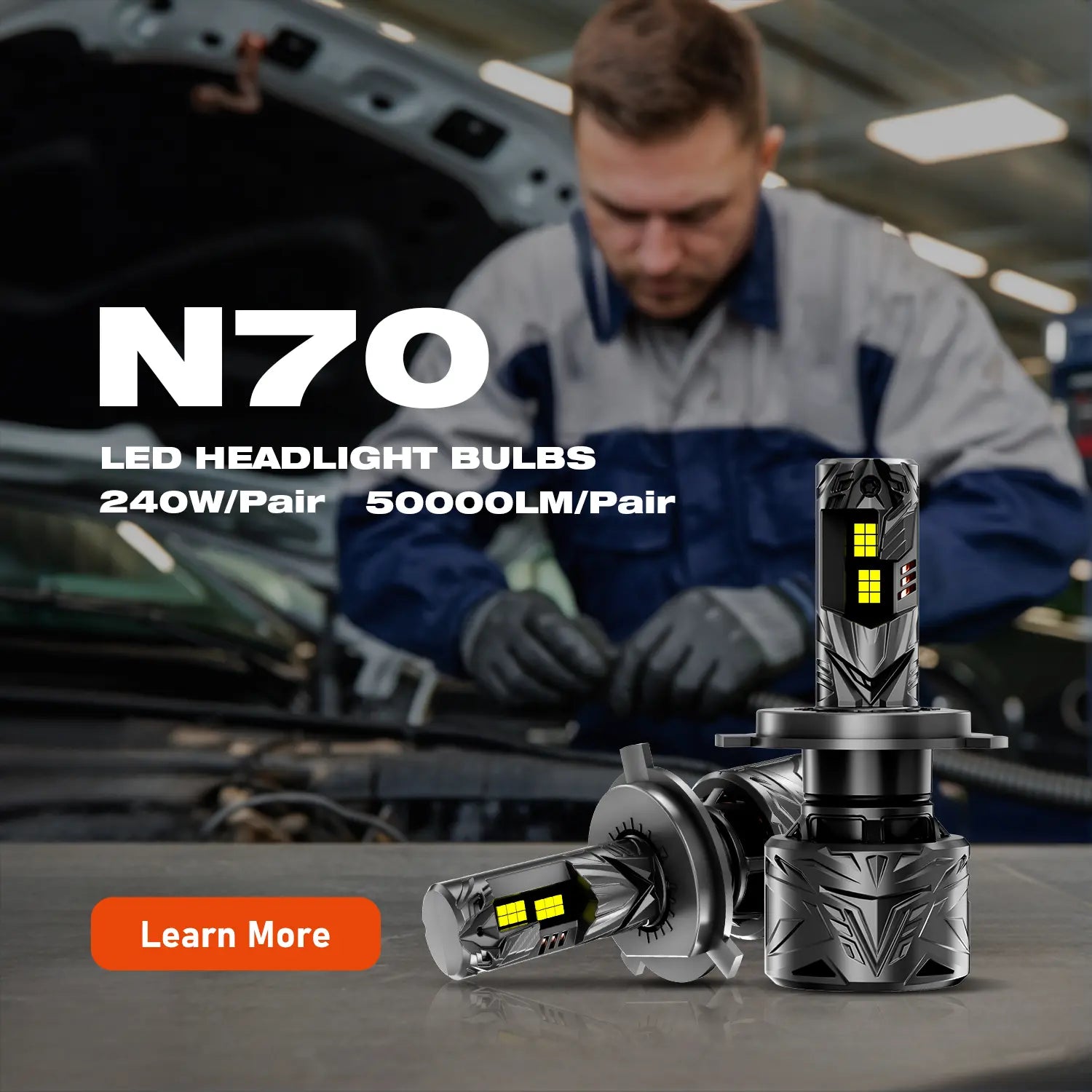 LED headlight bulbs with a mechanic working on a car in the background, featuring the brand NOVSIGHT.