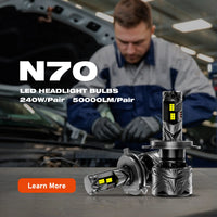 LED headlight bulbs with a mechanic working on a car in the background, featuring the brand NOVSIGHT.