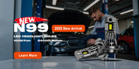 Car headlights with N99 series LED headlight bulbs in a garage setting, featuring promotional text.