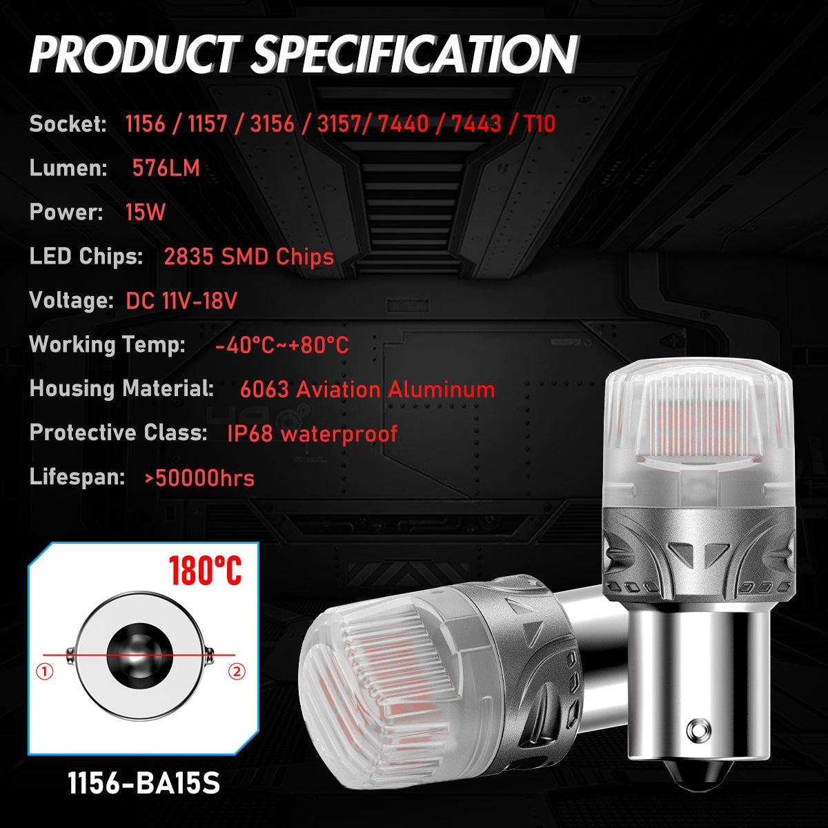 1156 180° P21W BA15S LED Bulbs for Rear Brake Back Up Lights - Red