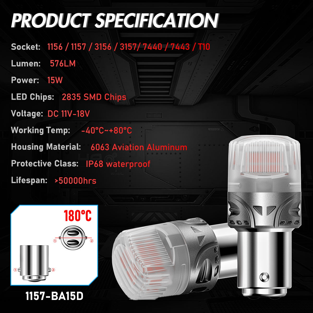 1157 180° P215W BAY15D BA15D LED Bulbs for Rear Brake Back Up Lights - Red