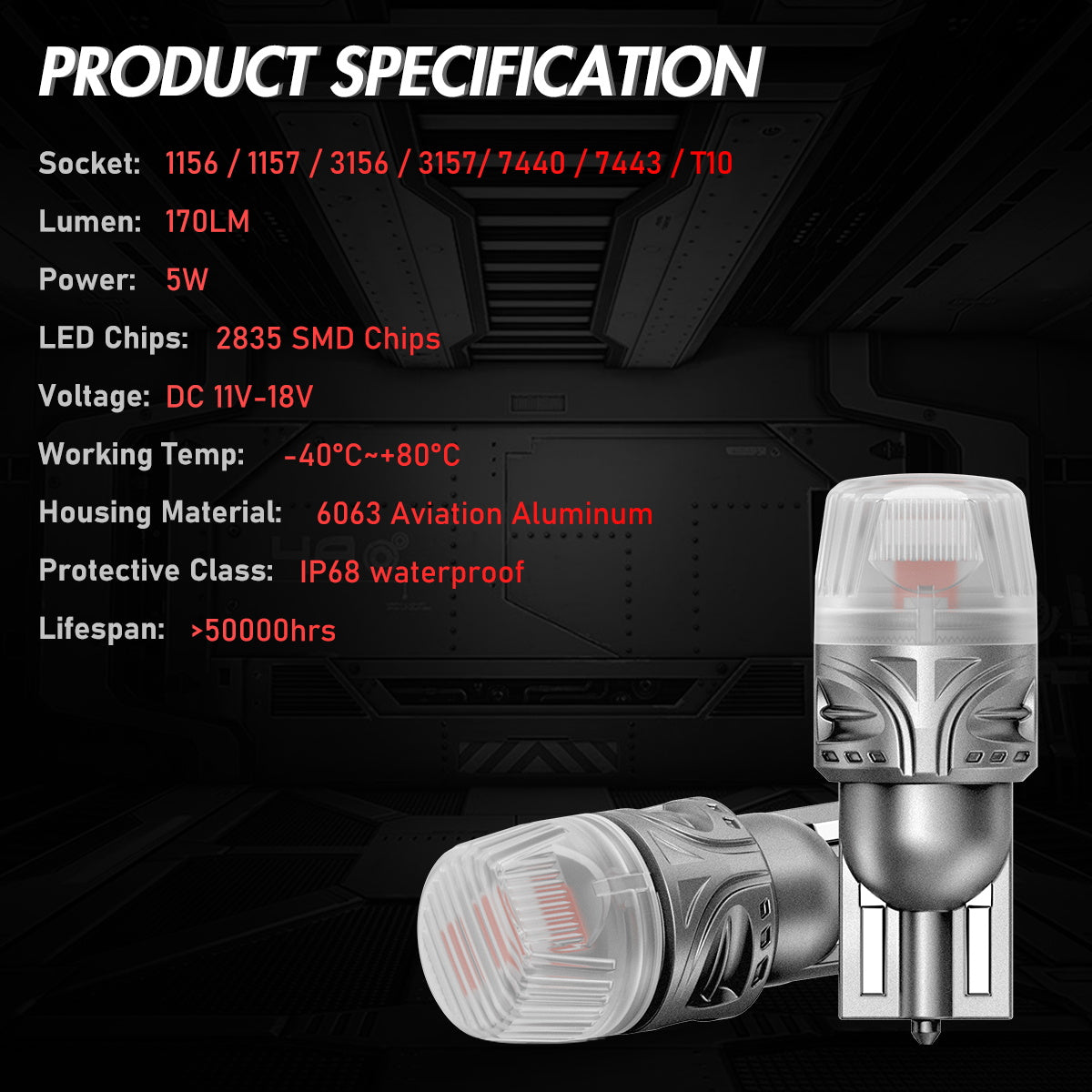 T10 158 161 168 194 W5W LED Bulbs for Rear Brake Back Up Lights - Red