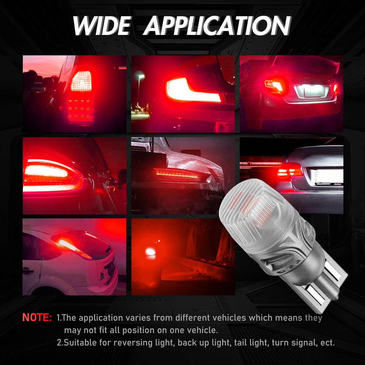 T10 158 161 168 194 W5W LED Bulbs for Rear Brake Back Up Lights - Red
