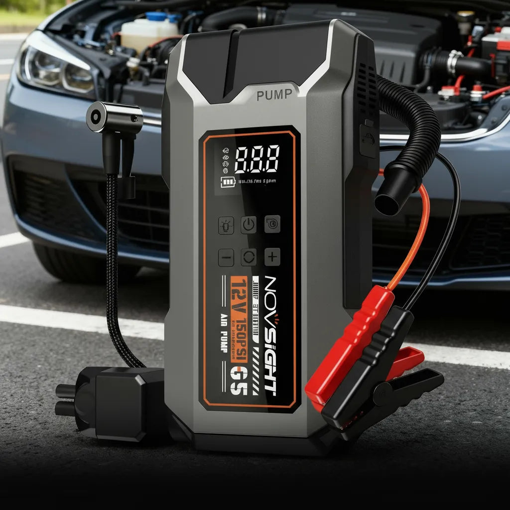 NOVSIGHT air compressor with car battery jump starter on a road with a car in the background