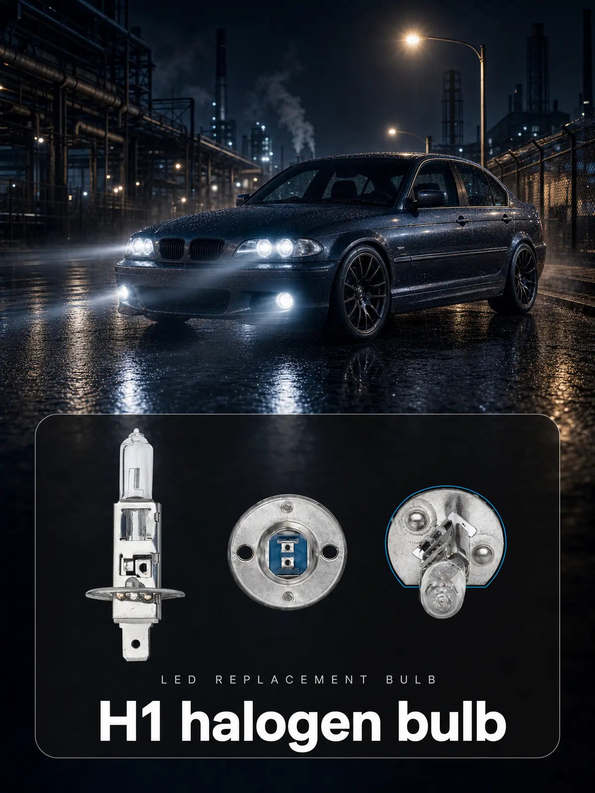 Car with illuminated headlights on a wet road at night, featuring H1 halogen bulb components.