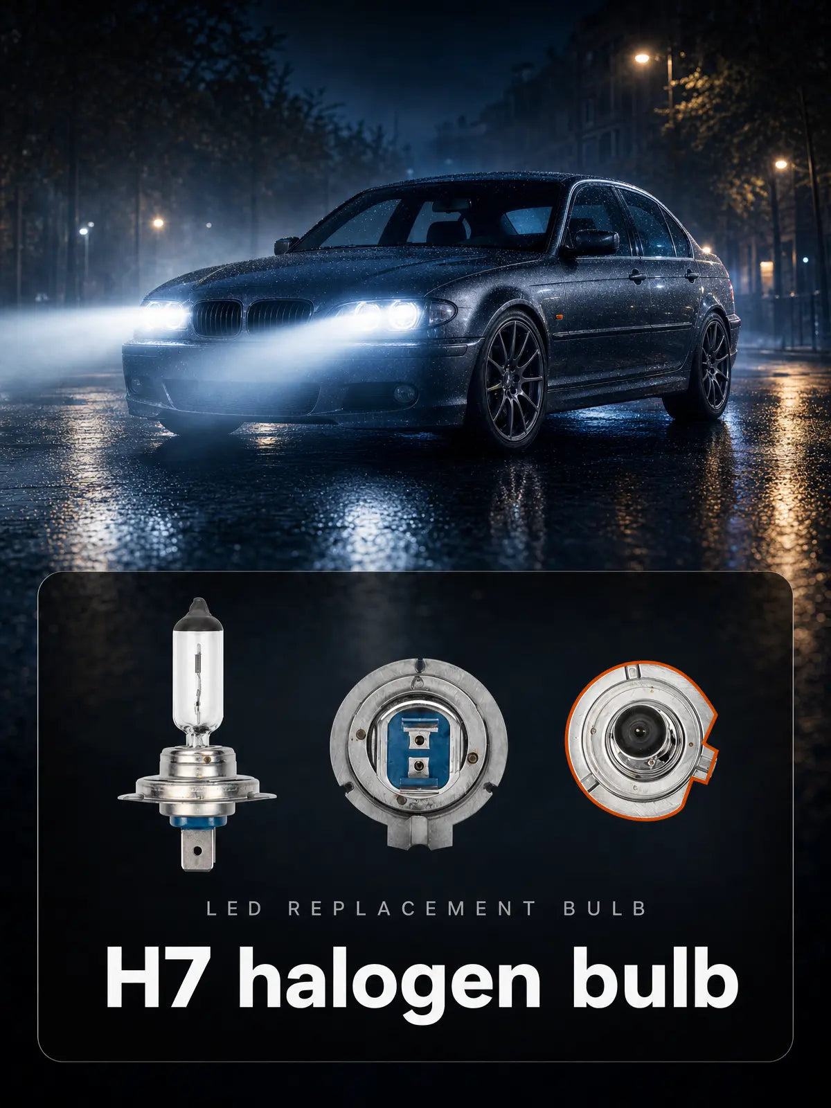 Car with H7 halogen bulb installation on a dark street, featuring the bulb product details.