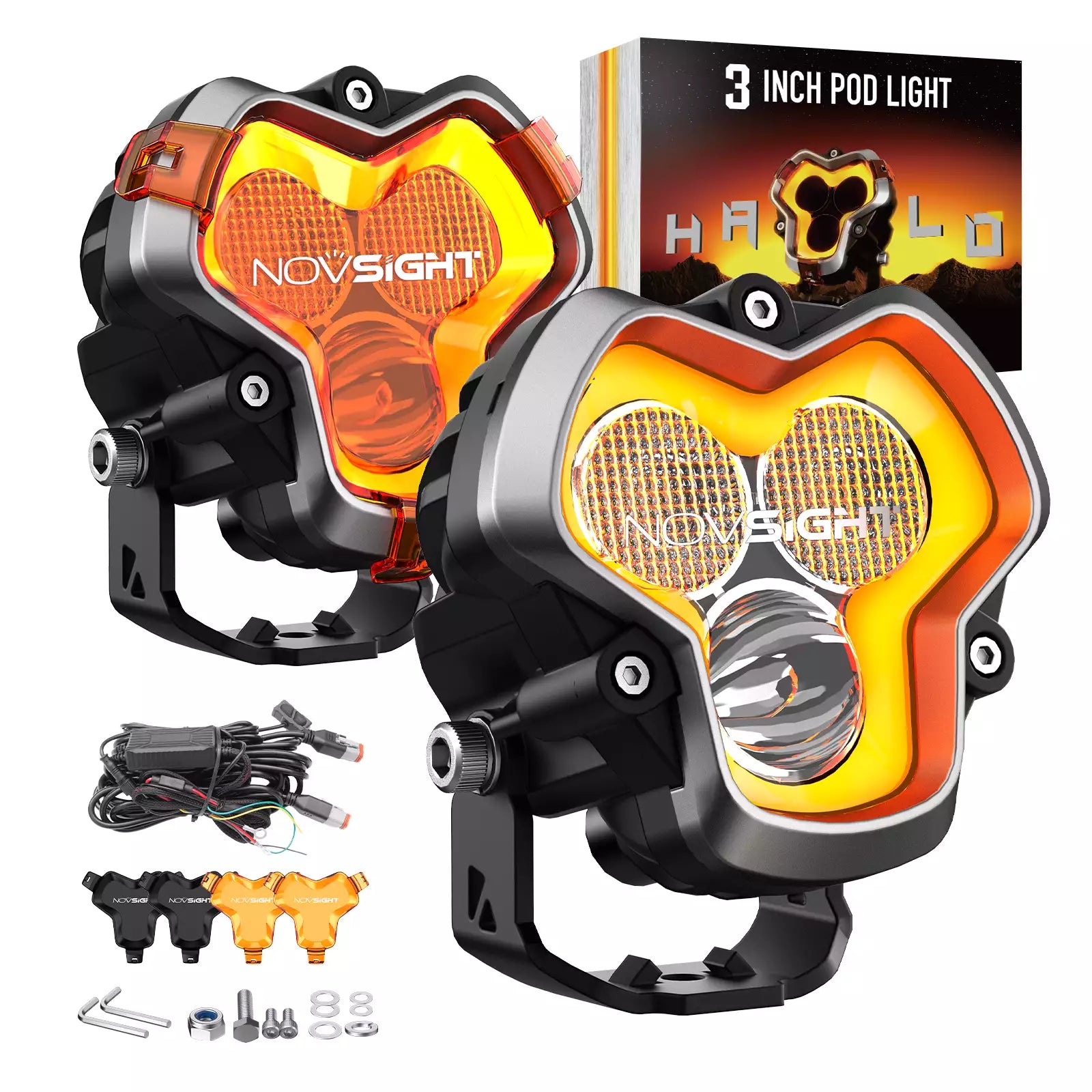 HALO Series 3" LED Pod Lights with DRL 48W Twin Light Kit System Pair LED Pod Lights | Novsight