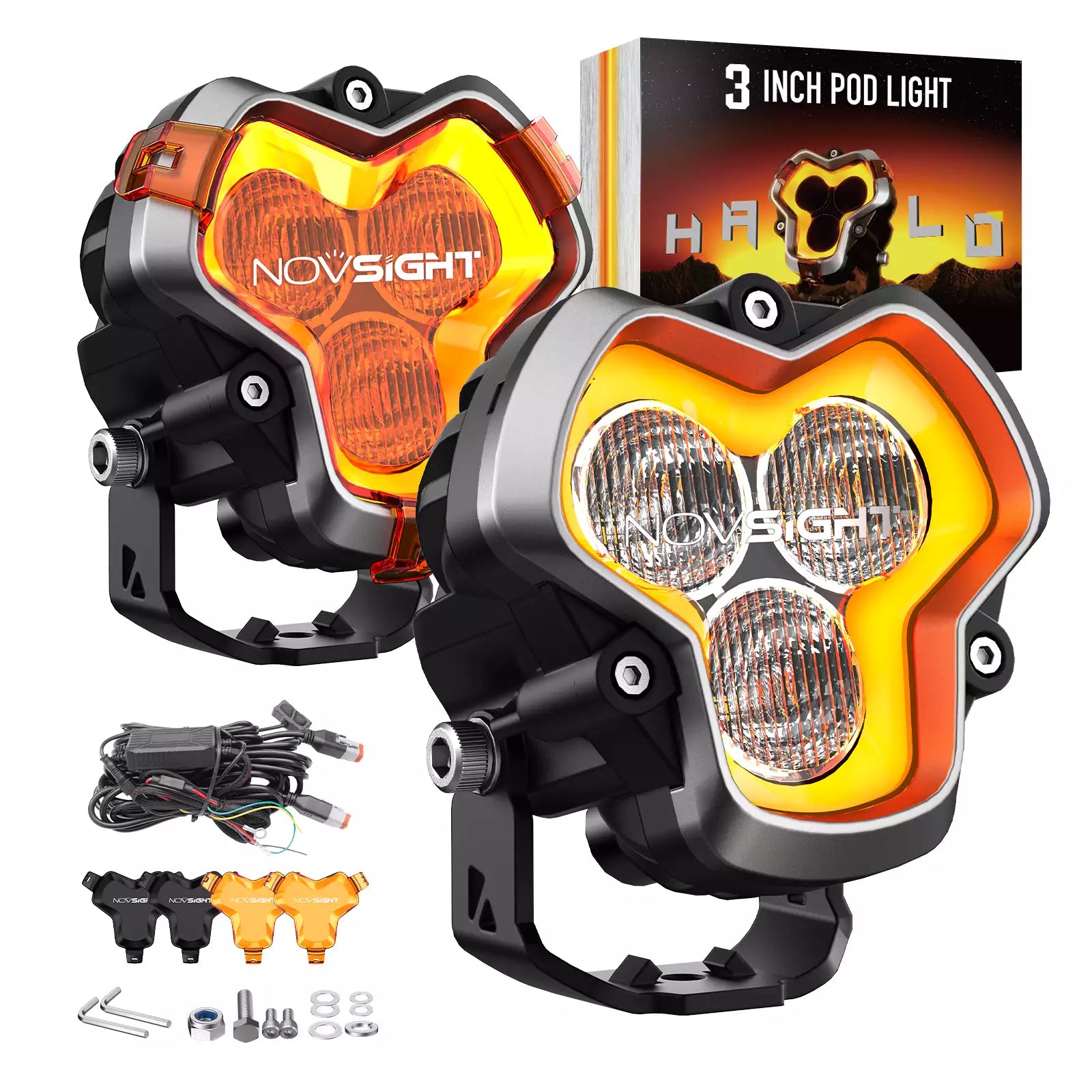 HALO Series 3" LED Pod Lights with DRL 48W Twin Light Kit System Pair LED Pod Lights | Novsight
