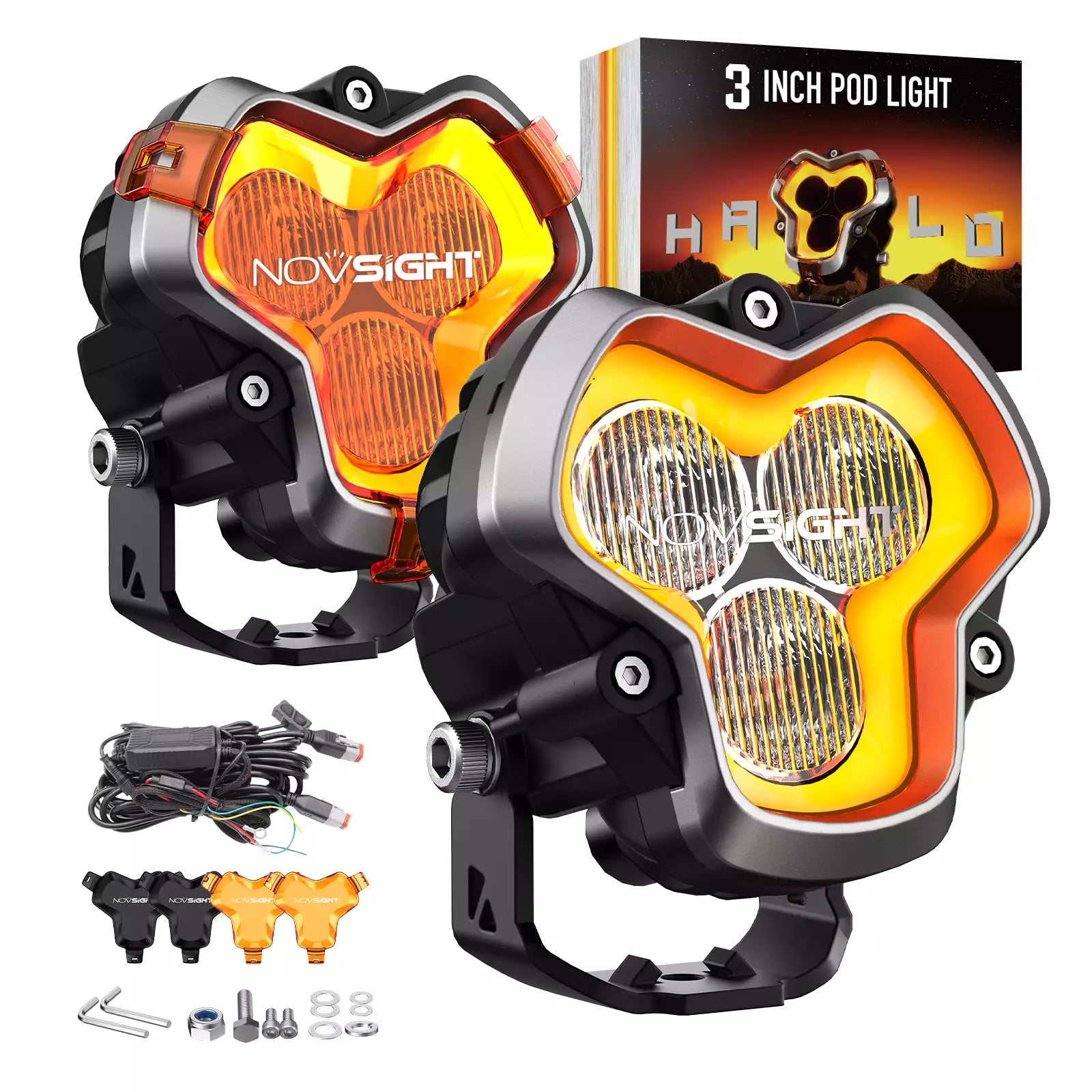 HALO Series 3" LED Pod Lights with DRL 48W Twin Light Kit System Pair LED Pod Lights | Novsight