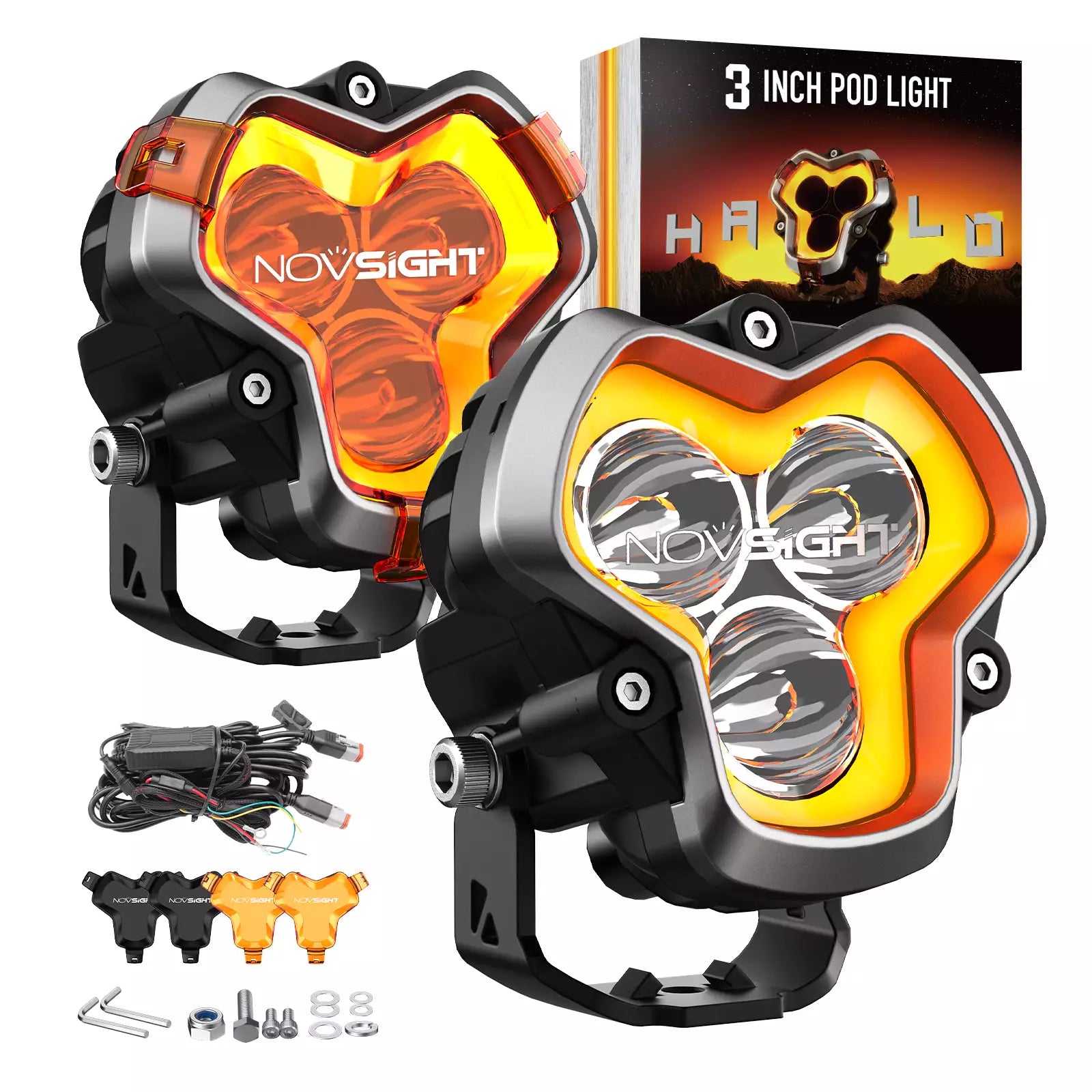 HALO Series 3" LED Pod Lights with DRL 48W Twin Light Kit System Pair LED Pod Lights | Novsight