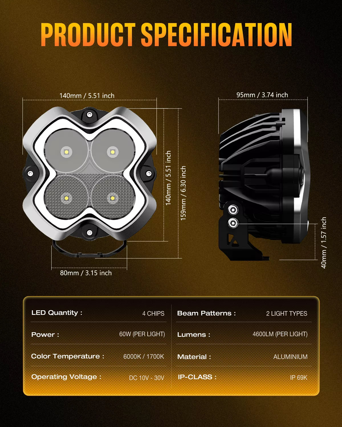 NOVSIGHT HALO Series 6'' LED Pods with DRL 60W Spot beam and Mix