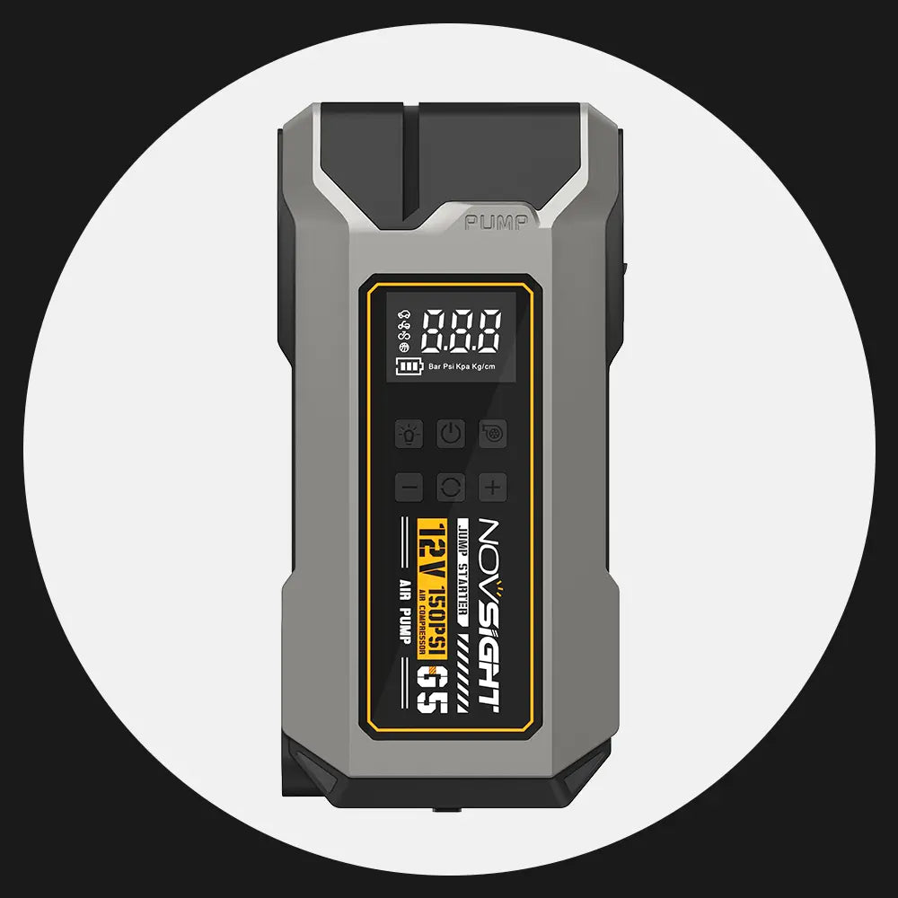 Multi-purpose vehicle air pump with a display and branding on a white background