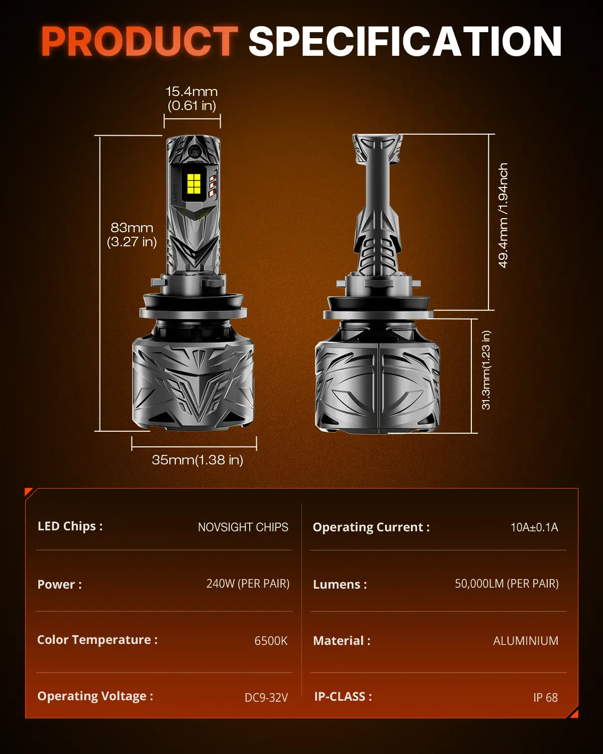 N70 Series | H11 H9 H8 LED Bulbs Super Bright Headlights 240W 50000LM 6500K White | 2 Bulbs Headlight | Novsight