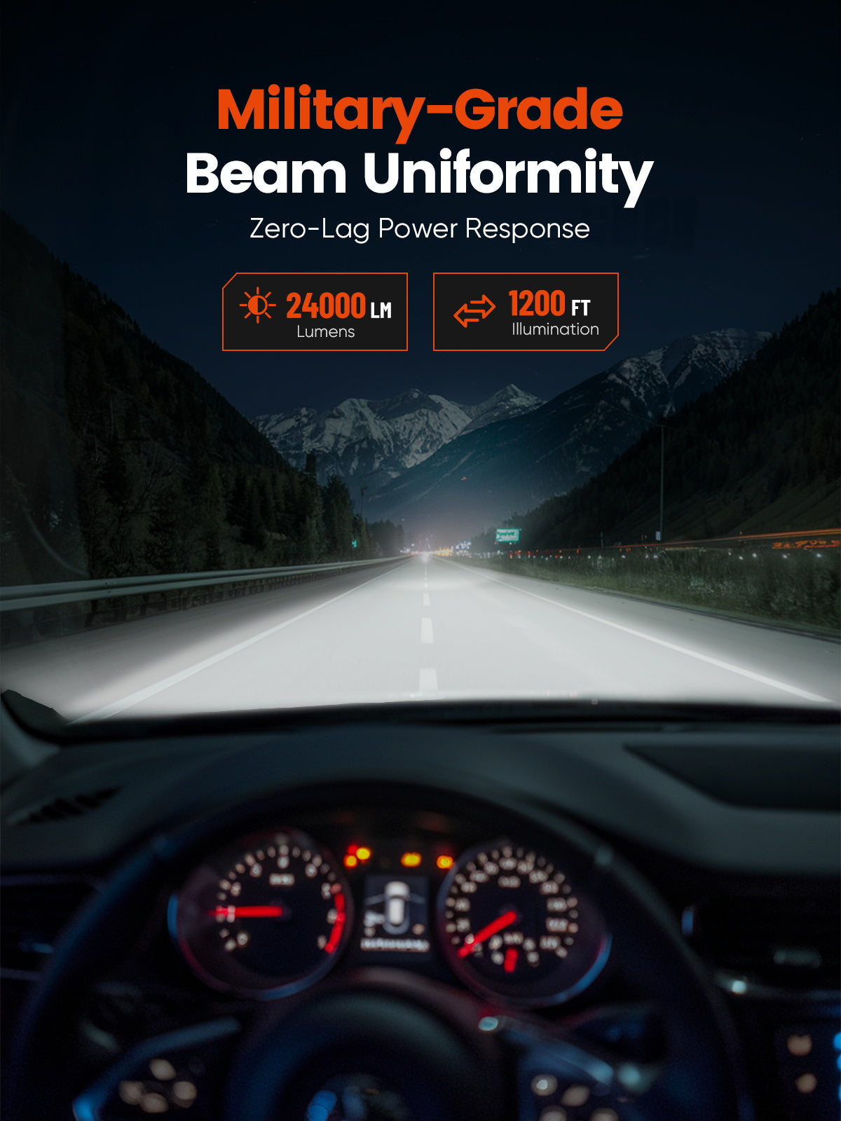 Car driving on a highway at night with illuminated dashboard, highlighting military-grade beam uniformity and power response.