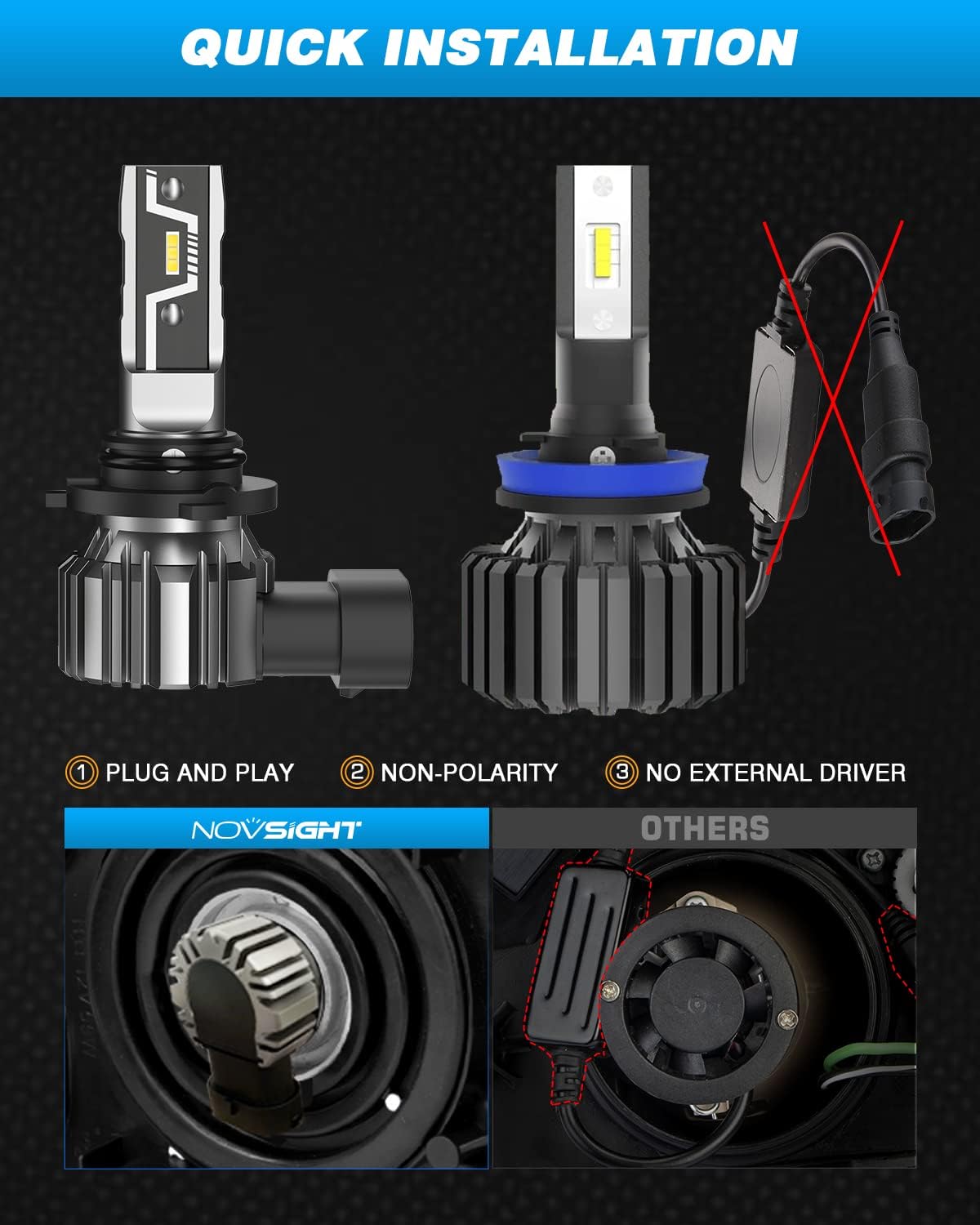 NOVSIGHT 9005 9006 Led Headlight Bulbs Combo 300% Brightness 9005/HB3 High Beam 9006/HB4 Low Beam 1:1 Mini Size Headlight Conversion Kits 6500K Cool White Replacement Headlights Halogen, Pack of 4 - NOVSIGHT