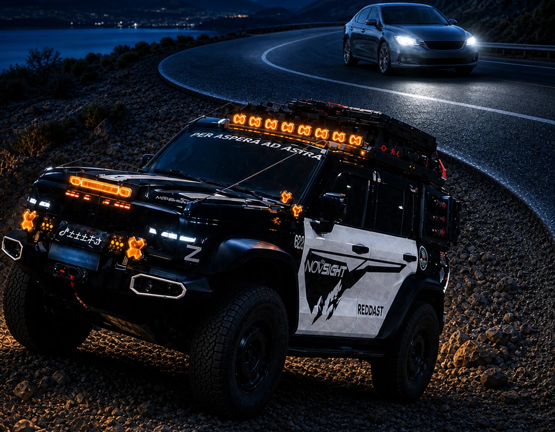A passenger car on a paved road transitioning to a NOVSIGHT-equipped off-road vehicle on rocky terrain