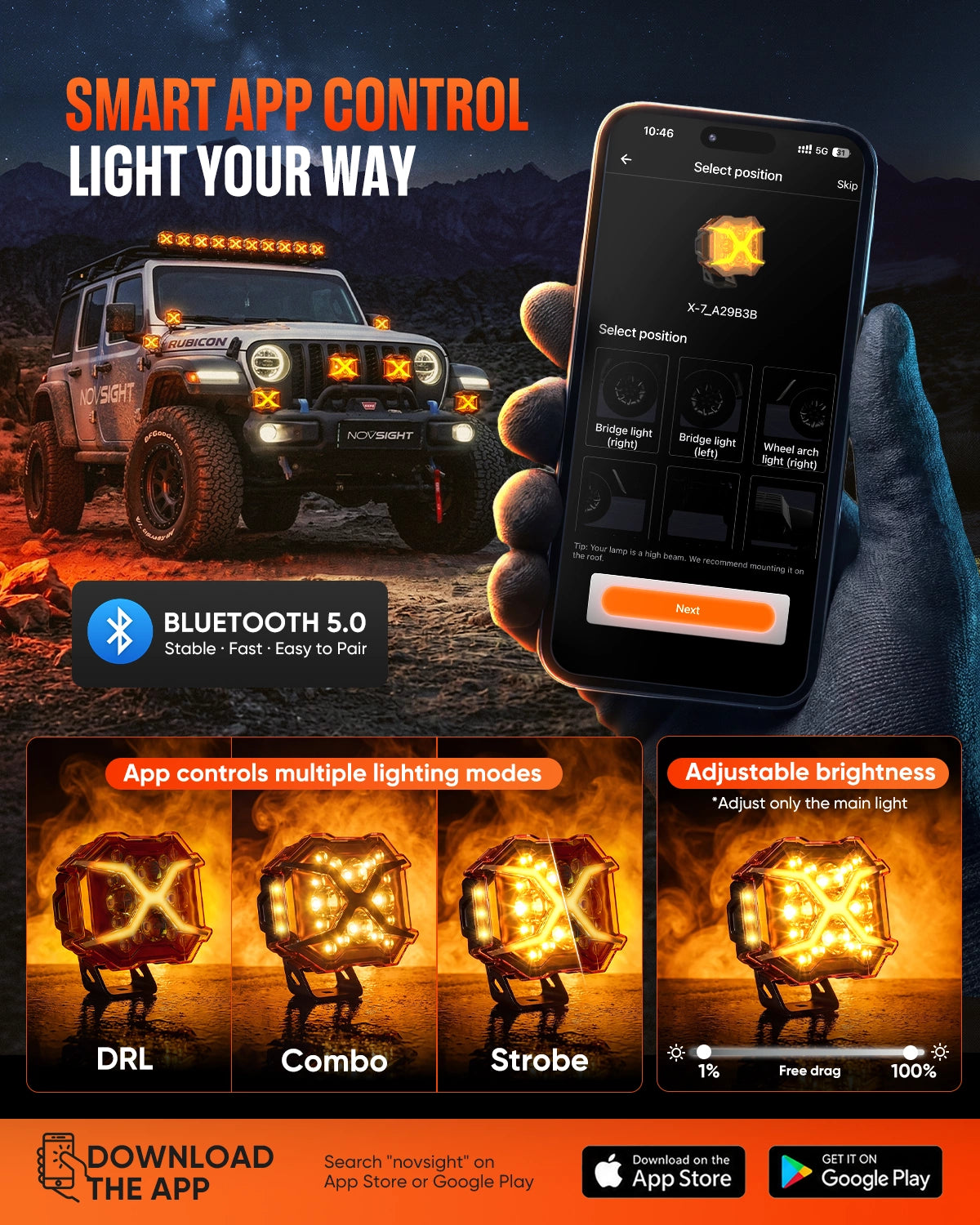 X7 phone app selecting DRL flow modes and yellow/white colors