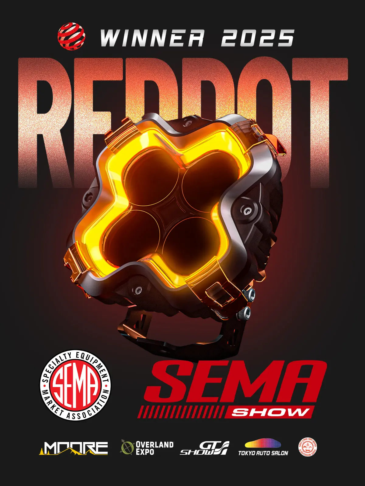 Award-winning off-road light with SEMA branding on a dark background