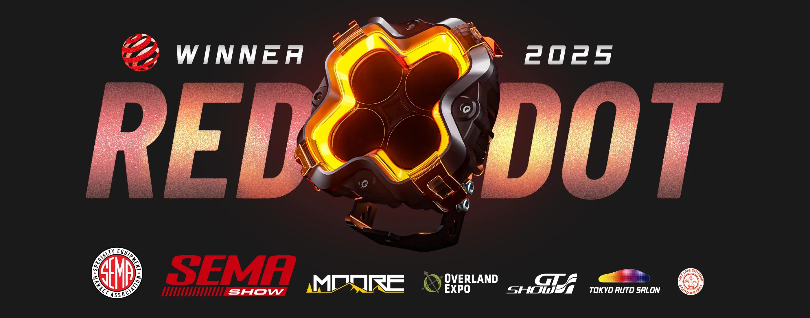 Award-winning vehicle headlight with 'Winner 2025 Red Dot' text and logos on a black background