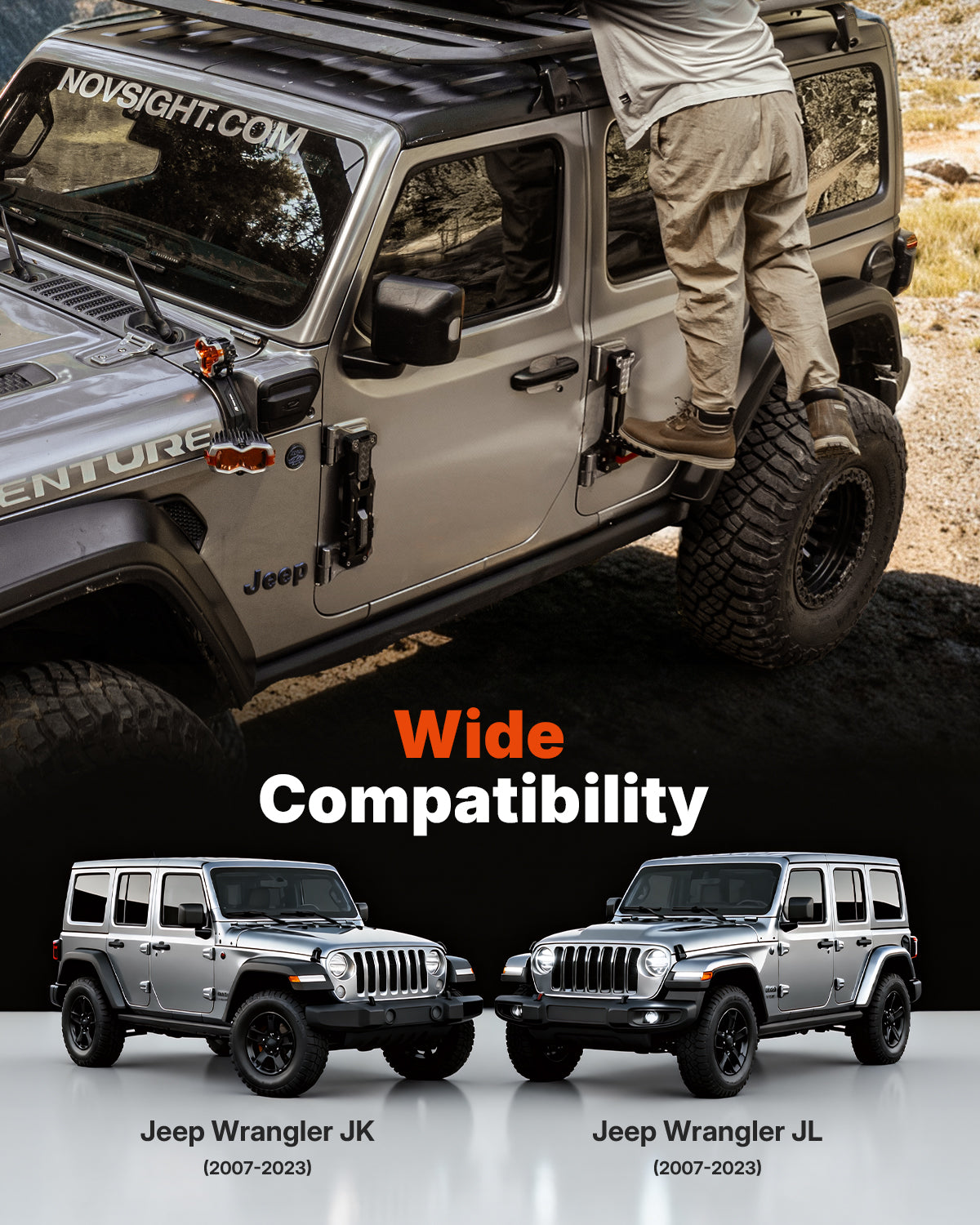 Novsight side door steps wide capability for Jeep Wrangler JK/JL 2007- 2023