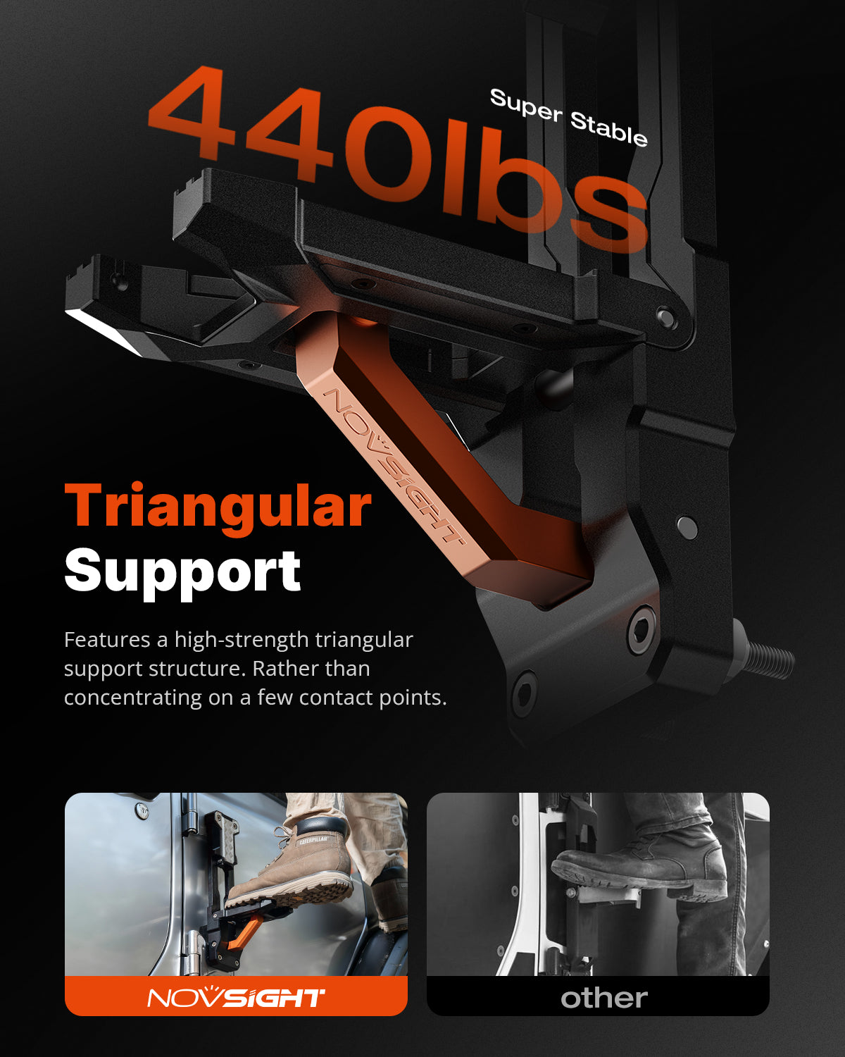 The triangular structure design of the side door step can support up to 440 pounds.