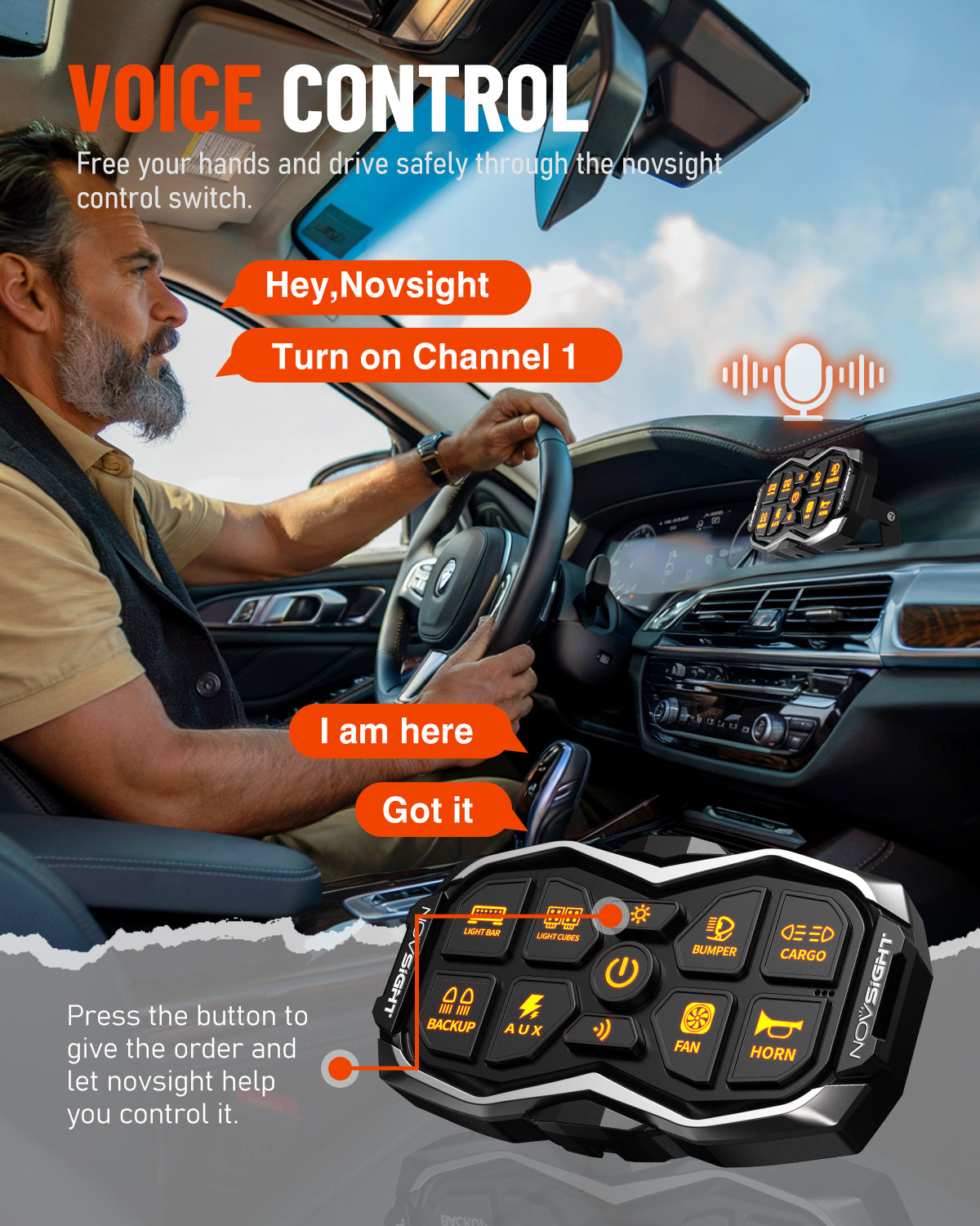 Man driving a car with a Novsight device for voice control