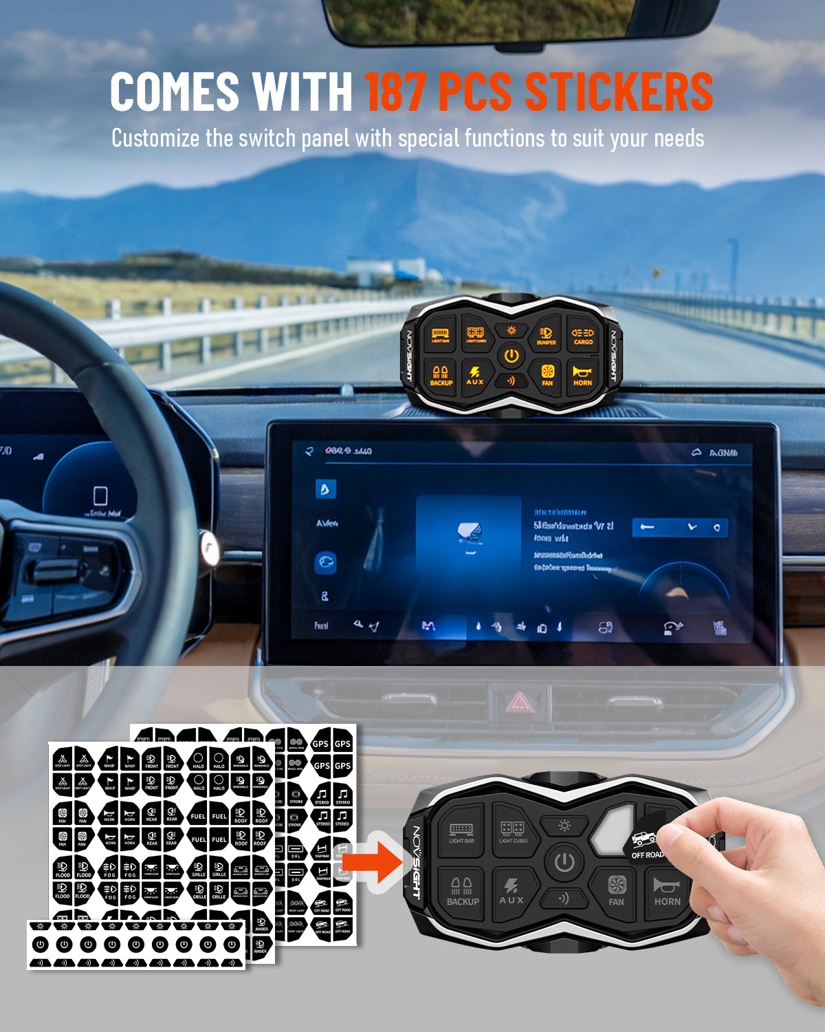 Car dashboard with switch panel and stickers, featuring a scenic road view.