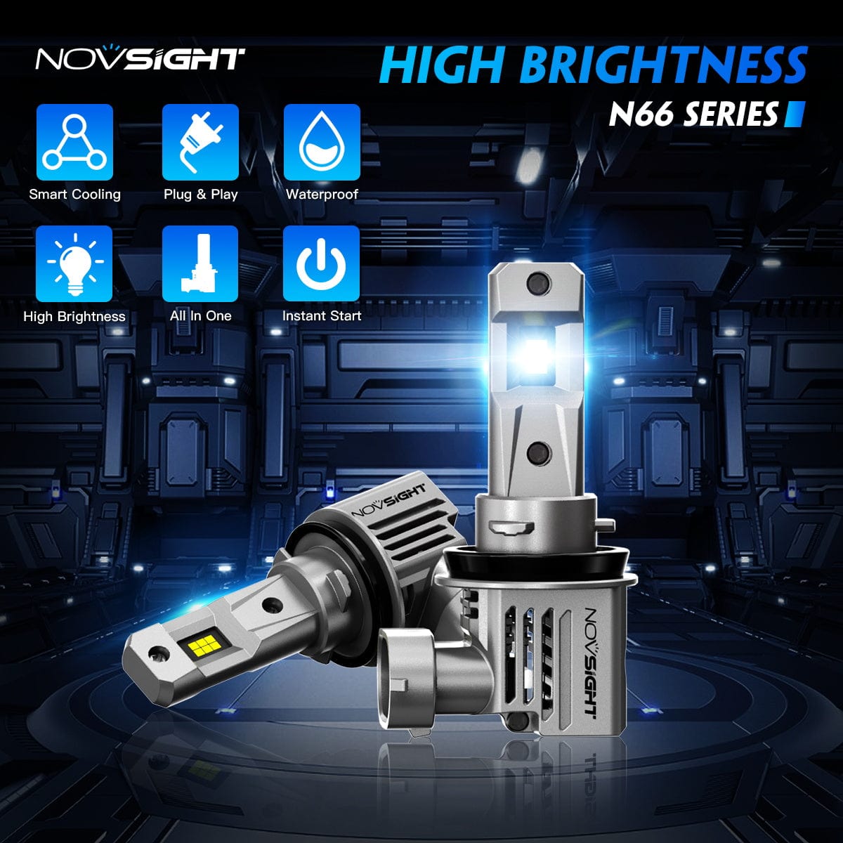 N66 Pro Series Wireless | 9005 9006 H4 H7 H11 LED Bulbs Perfect Beam 80W 18000LM 6500K White | 2 Bullbs - NOVSIGHT