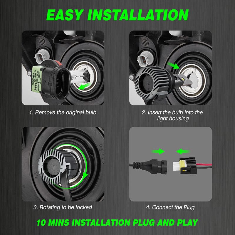 9005+H11 LED headlight bulbs installation steps plug and play in 10 minutes