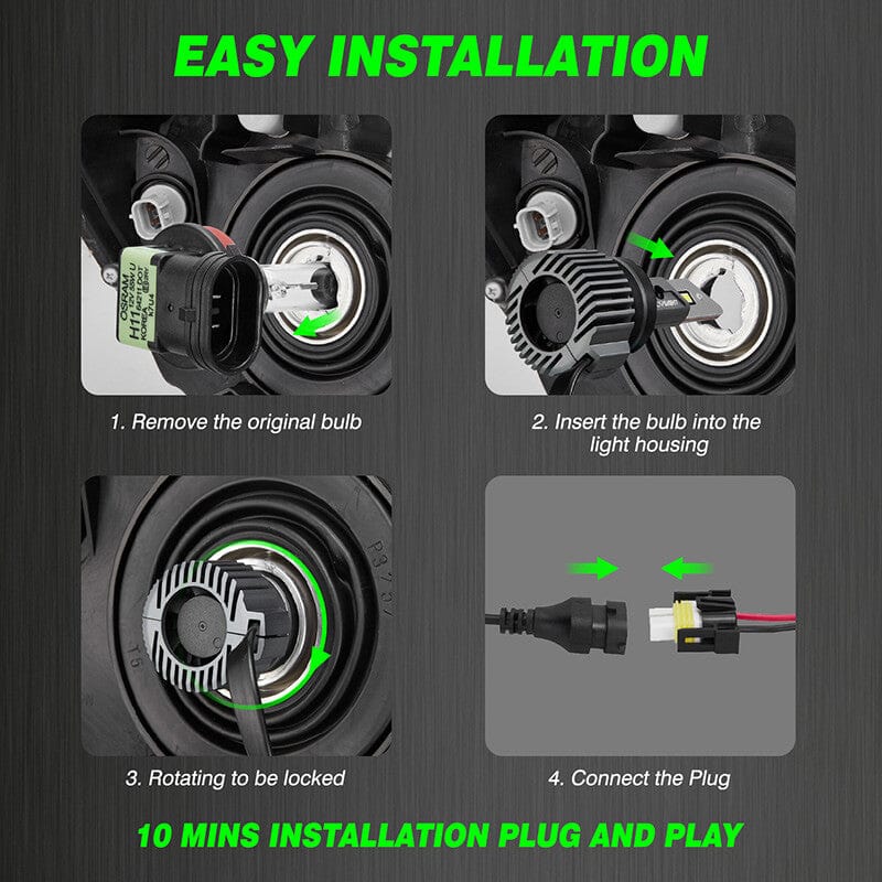 9012 LED headlight bulbs installation steps plug and play in 10 minutes