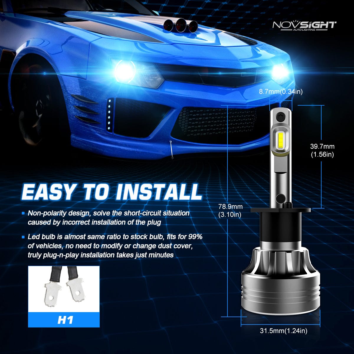 H1 LED Headlight Automotive Grade Chips Halogen Replacement 60W 10000LM - NOVSIGHT
