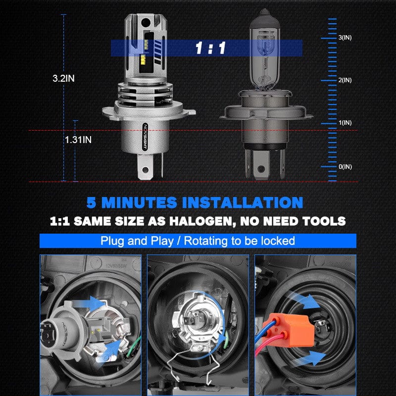 H4 LED headlight bulbs 1:1 design as halogen easy to install
